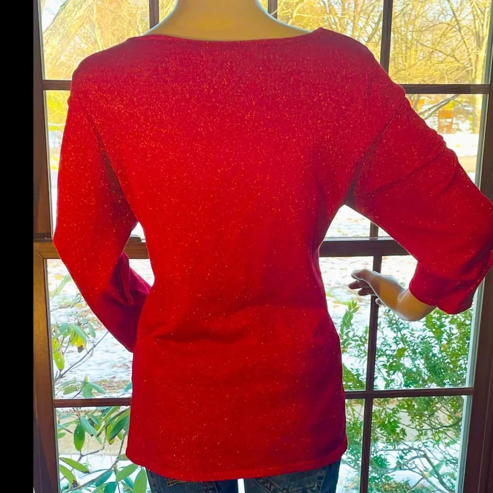 ▪️PRESTON & YORK▪️Gold Shimmer Red Silk Blend Boat Neck Top - Picture 2 of 4